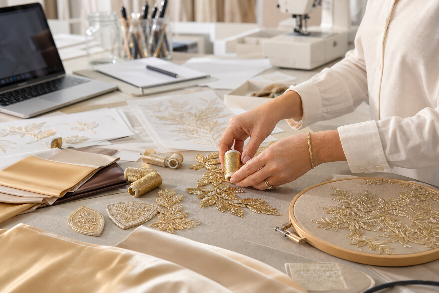 Gold embroidery thread and applique materials arranged on a worktable