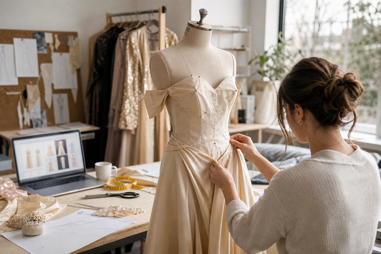 Champagne gown development on a dress form inside a studio workspace