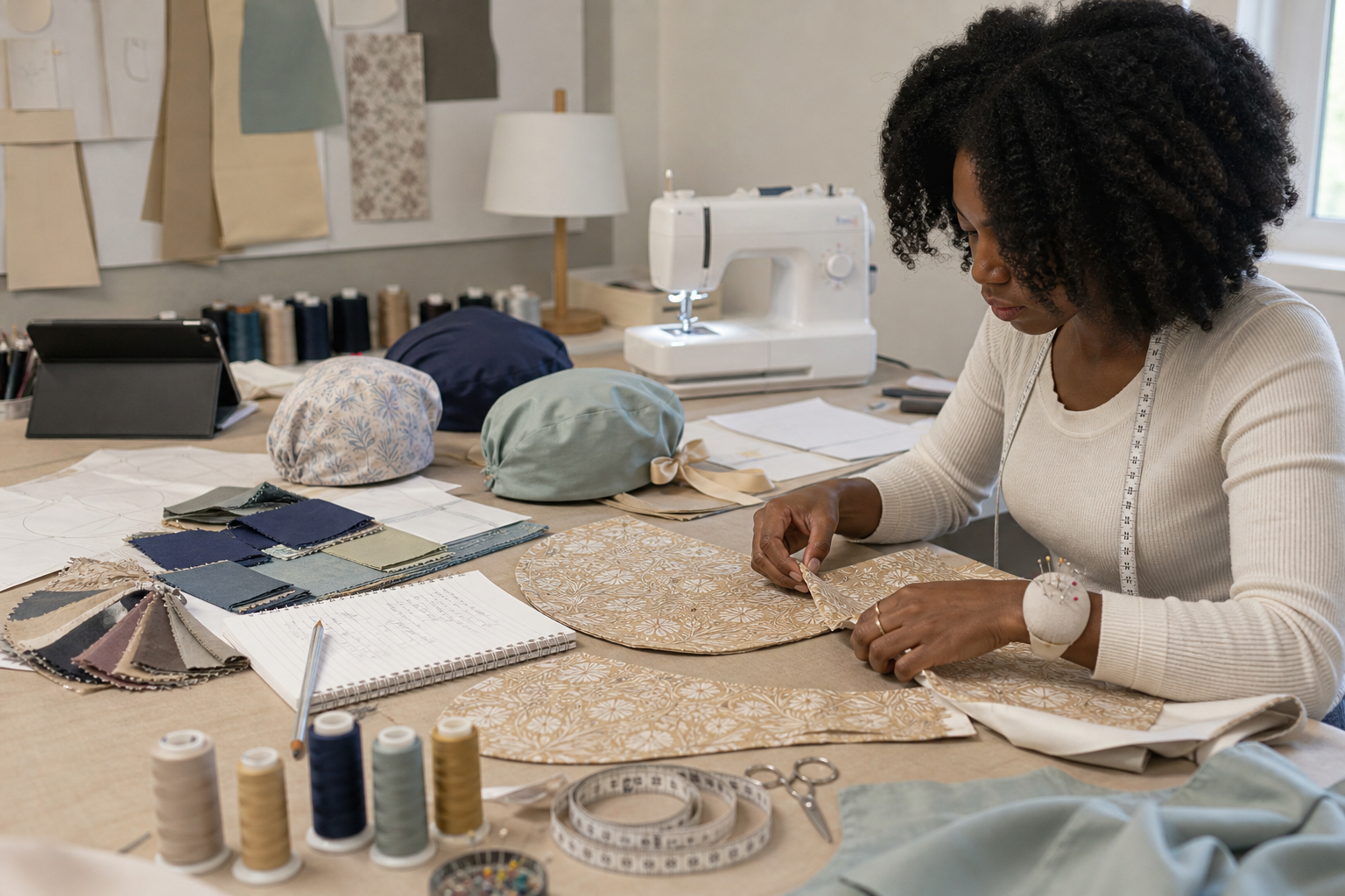 Scrub cap fabric and pattern development on an office worktable