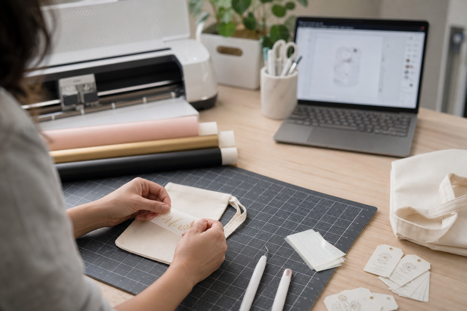 Vinyl label and tote bag workspace with cutter and design tools