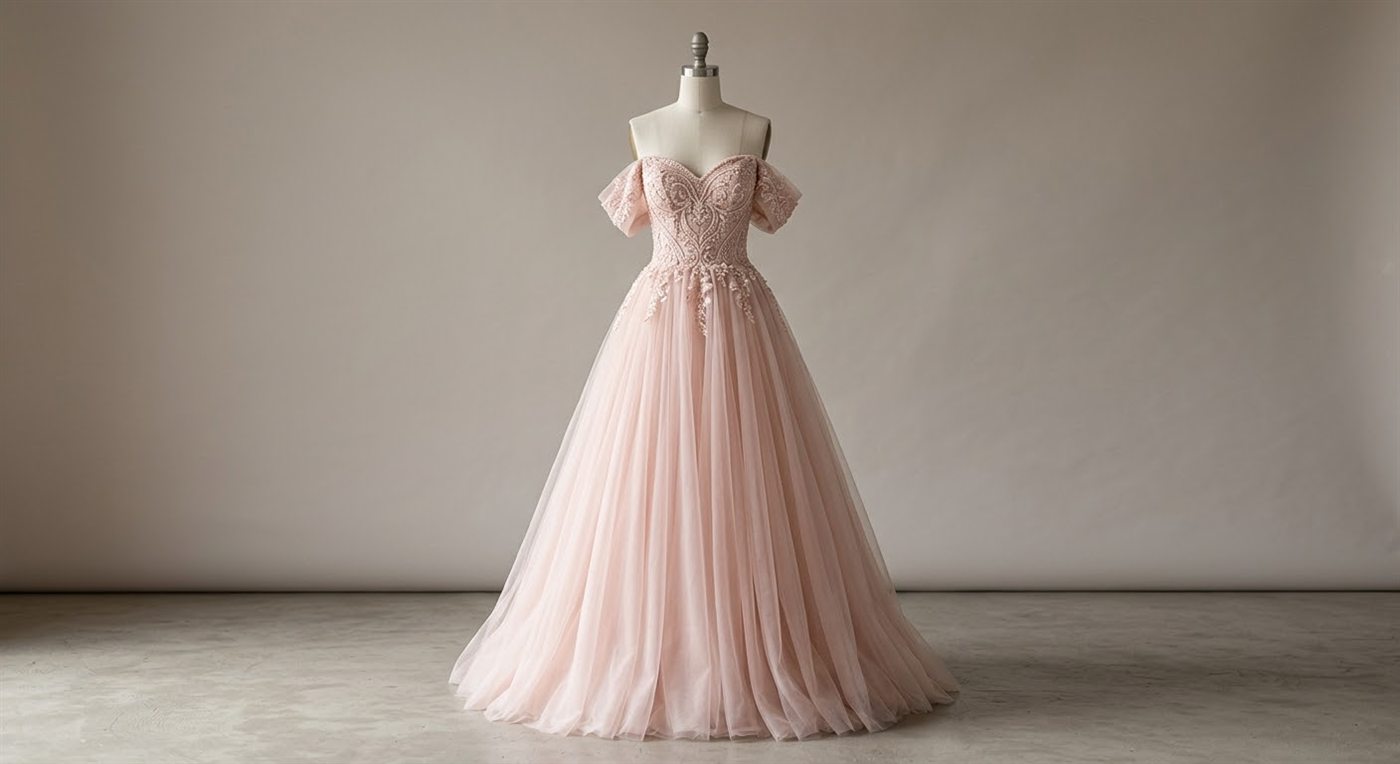 Blush embroidered formal gown on dress form