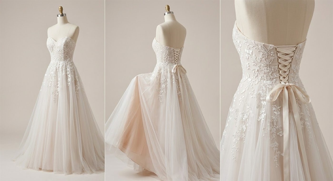White tulle gown shown front, back, and lace-up detail