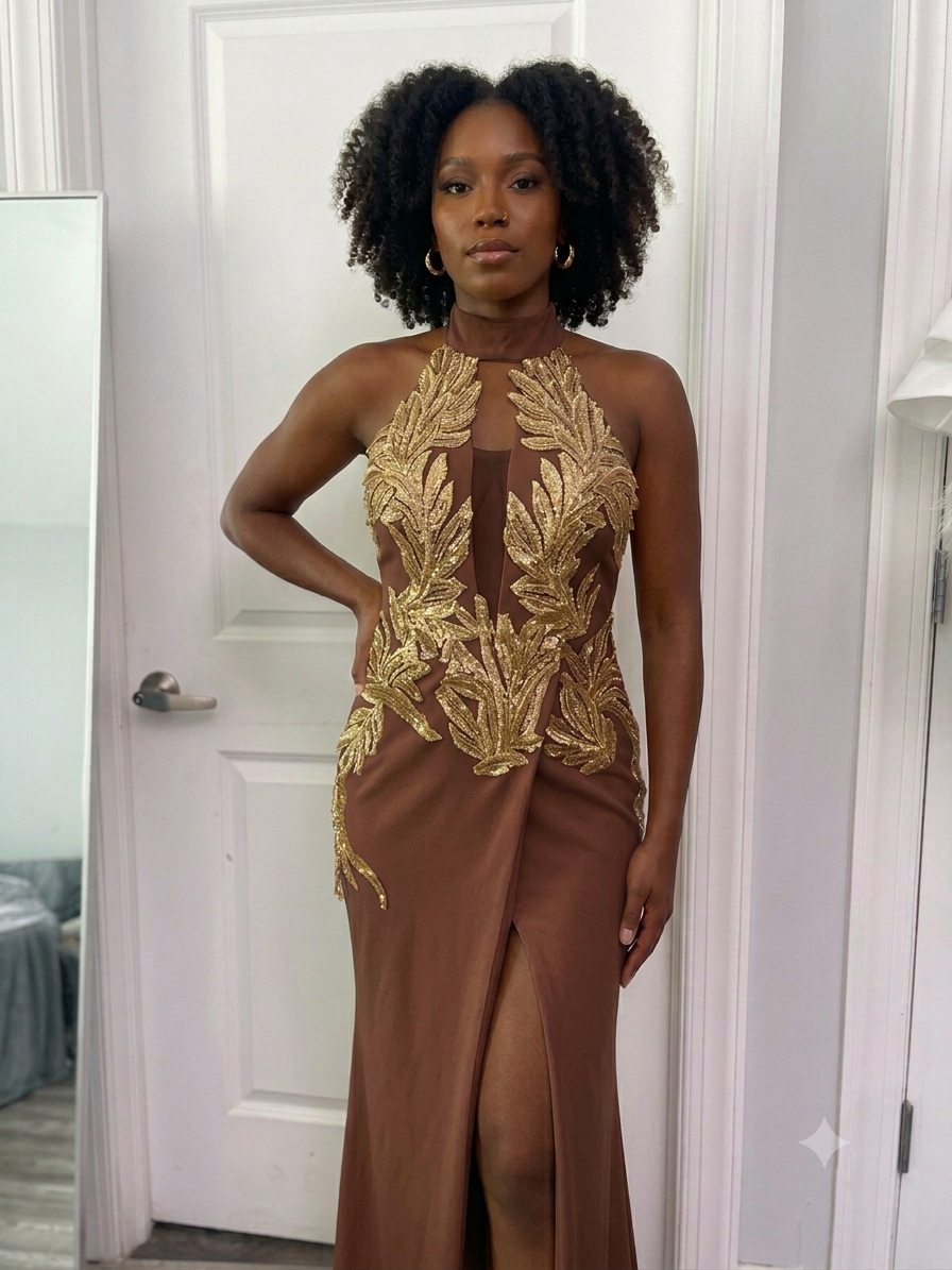 Bronze halter dress with gold leaf applique