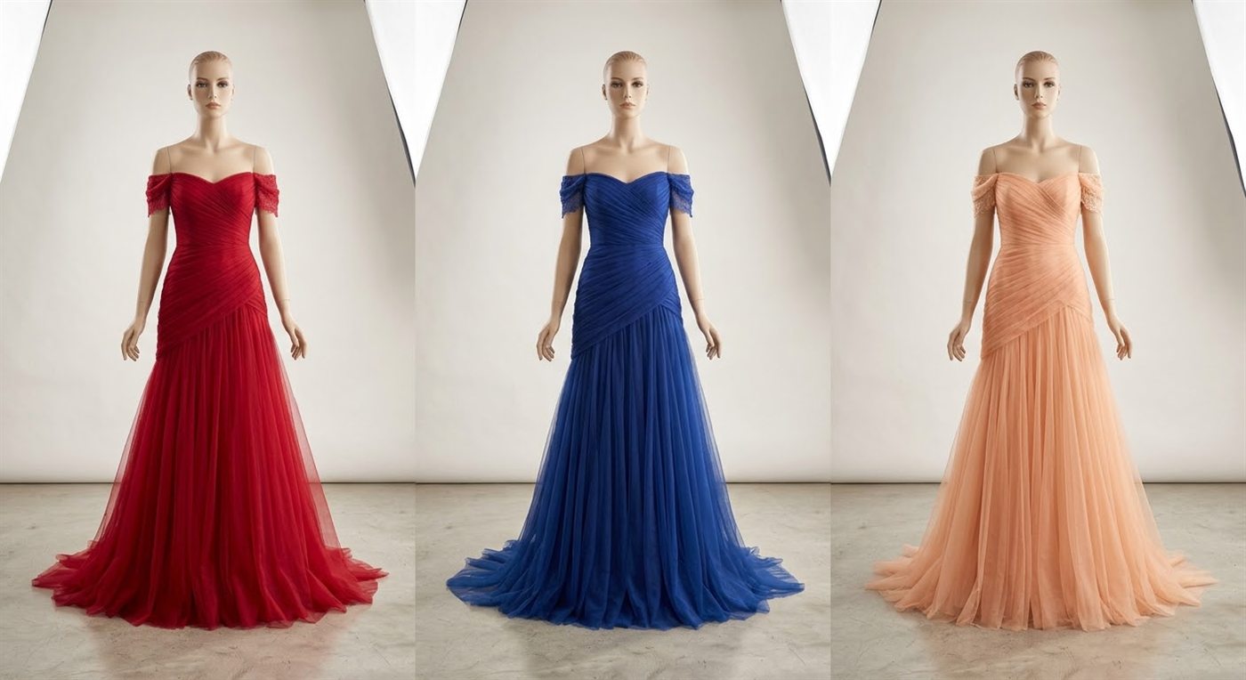 Red, blue, and peach draped evening gowns