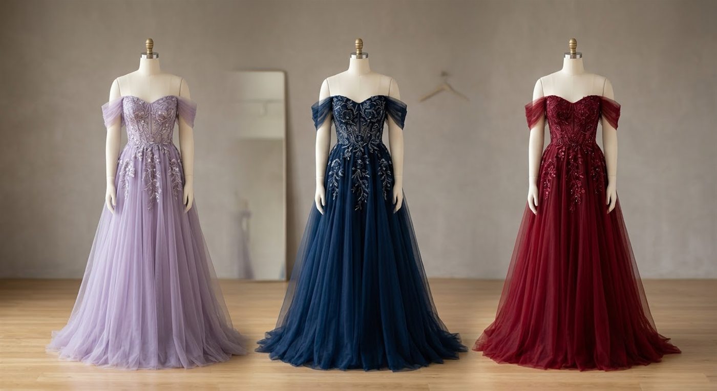 Embroidered evening gown colorways