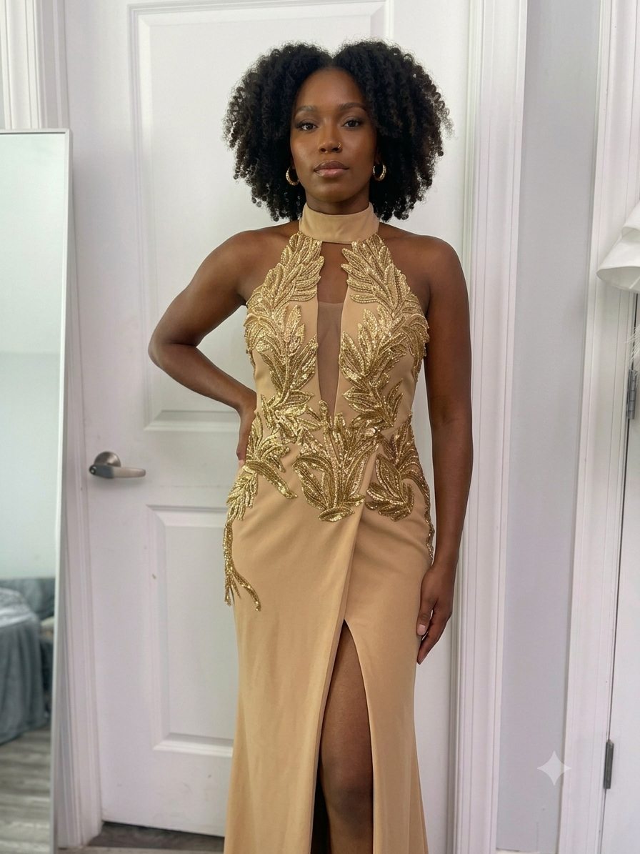 Gold leaf halter dress with front slit