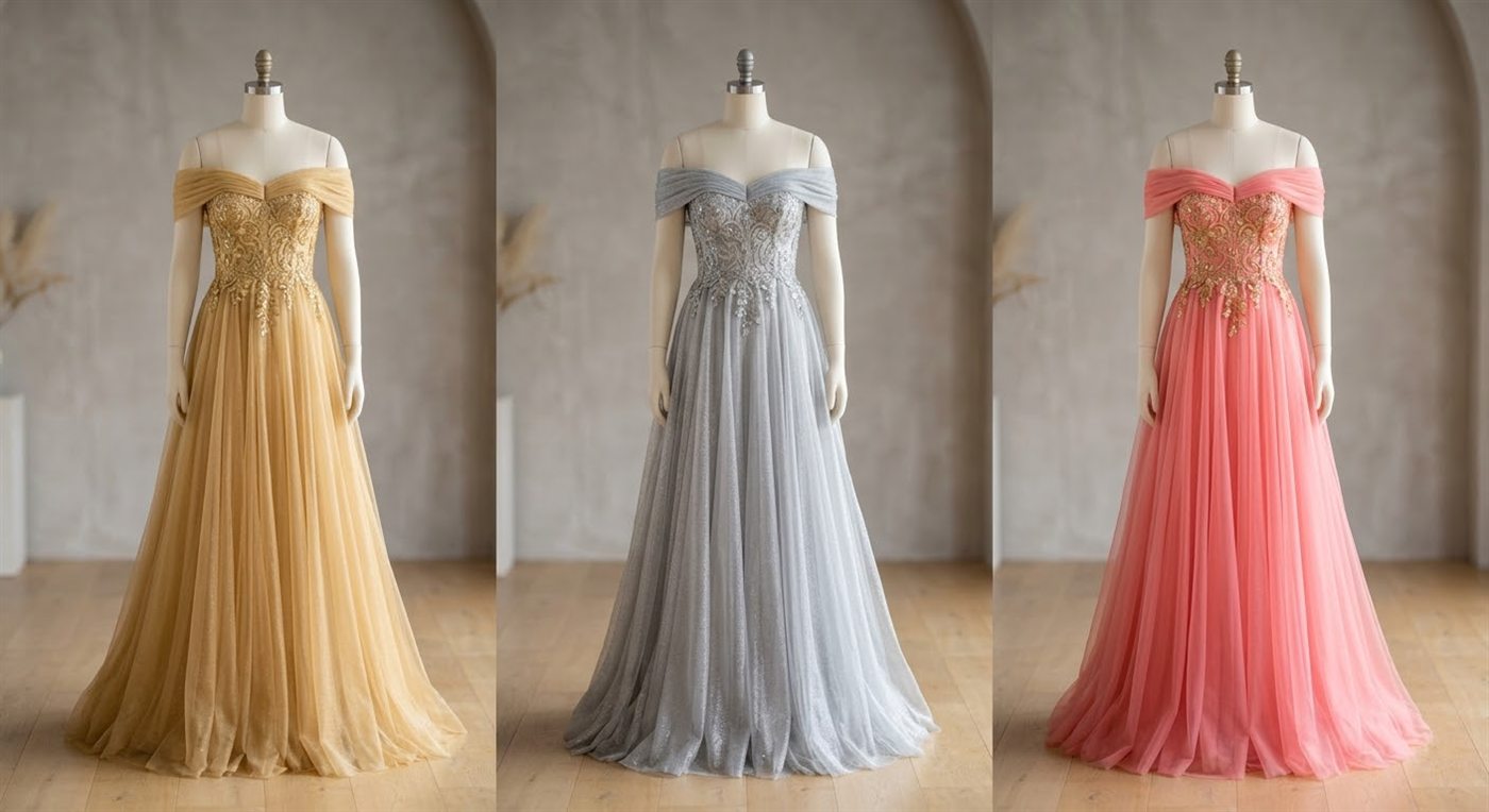 Gold, silver, and coral embroidered gowns
