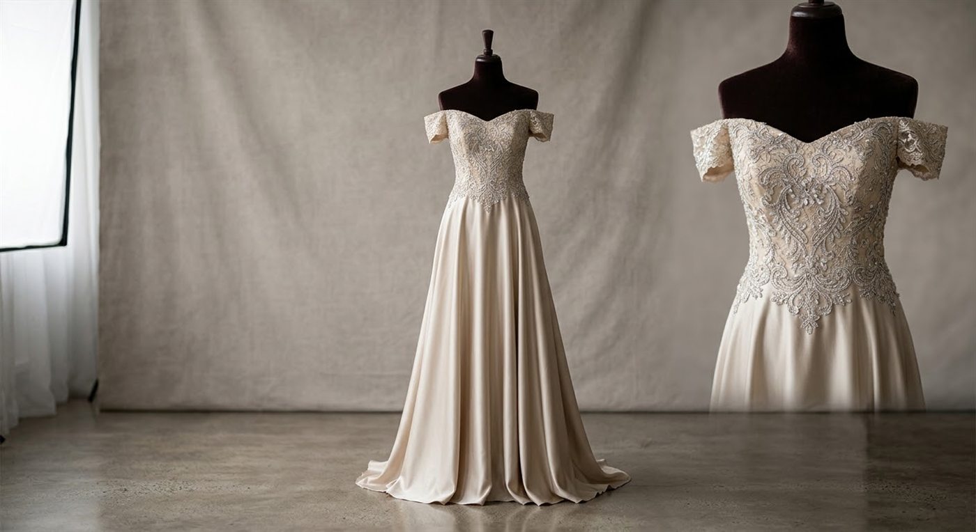 Ivory beaded gown with lace bodice and full skirt
