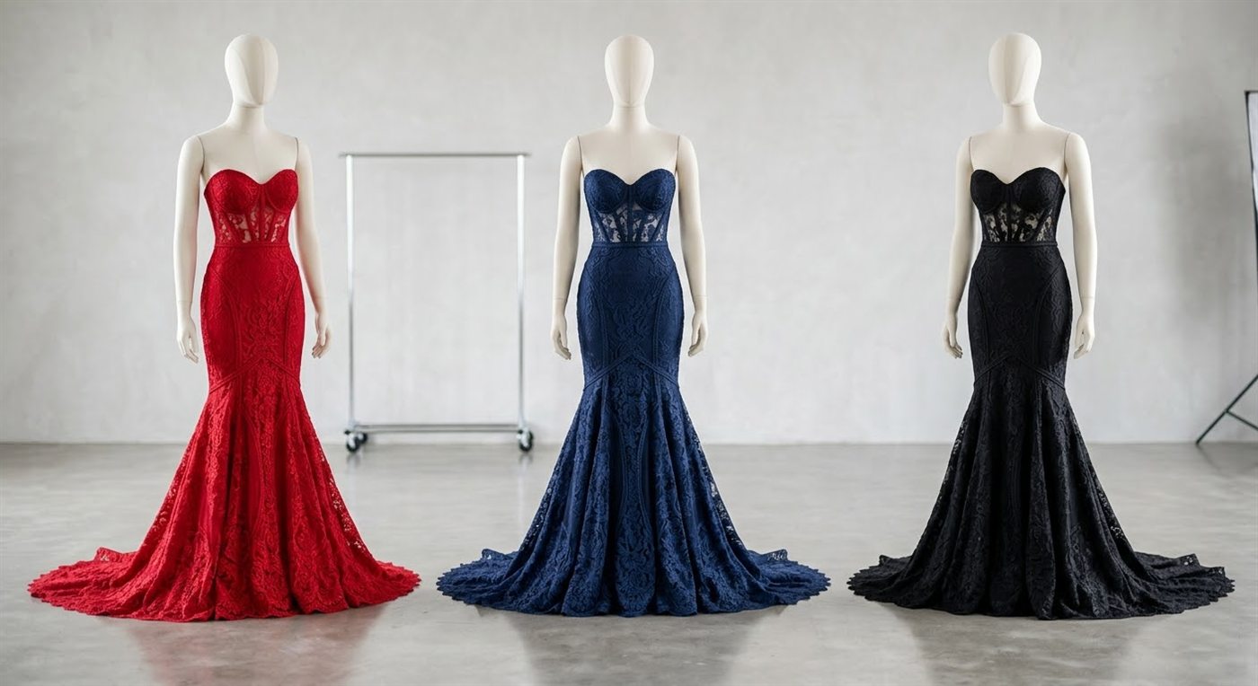 Red, navy, and black lace mermaid gowns