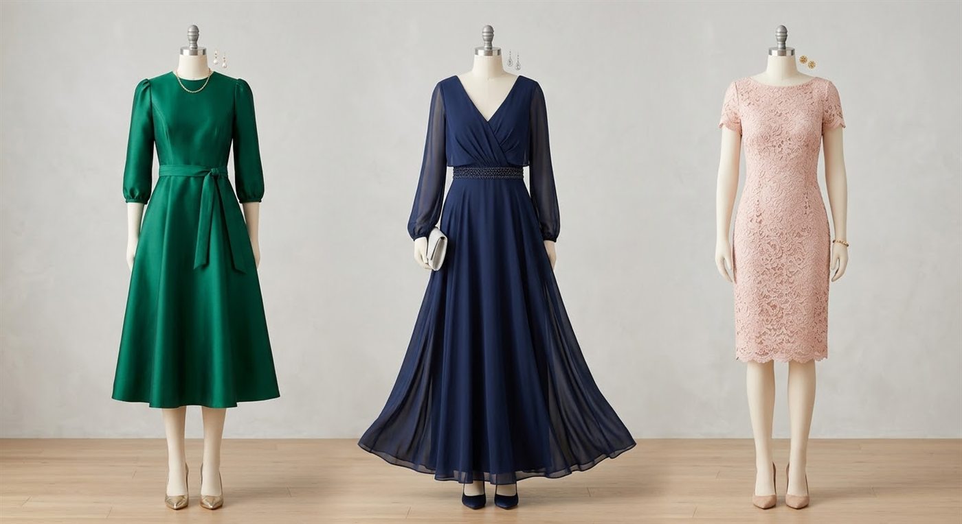 Green, navy, and blush occasion dresses