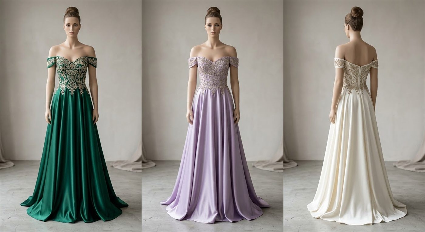 Green, lavender, and ivory satin embroidered gowns