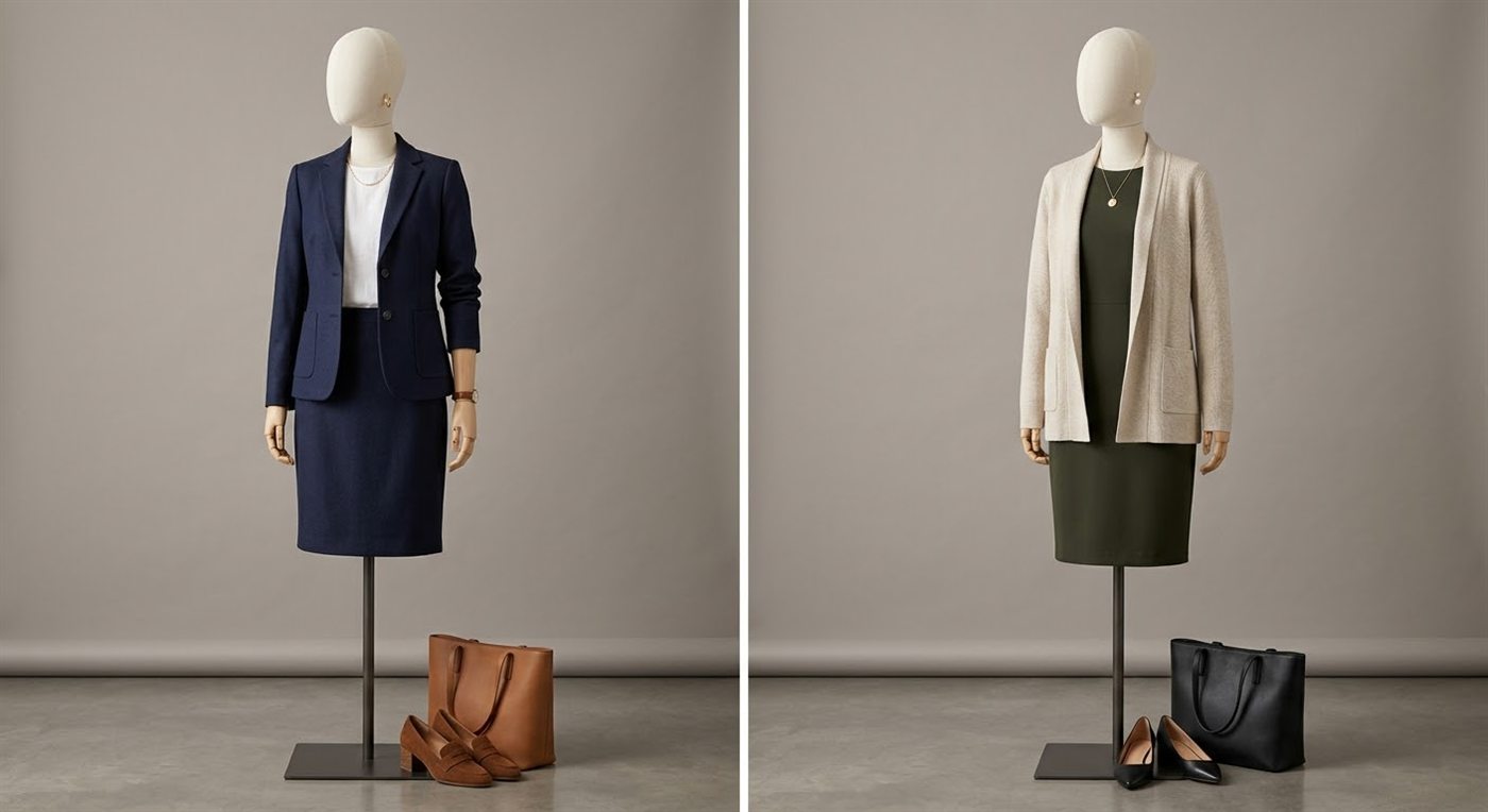 Tailored skirt and cardigan sets on mannequins