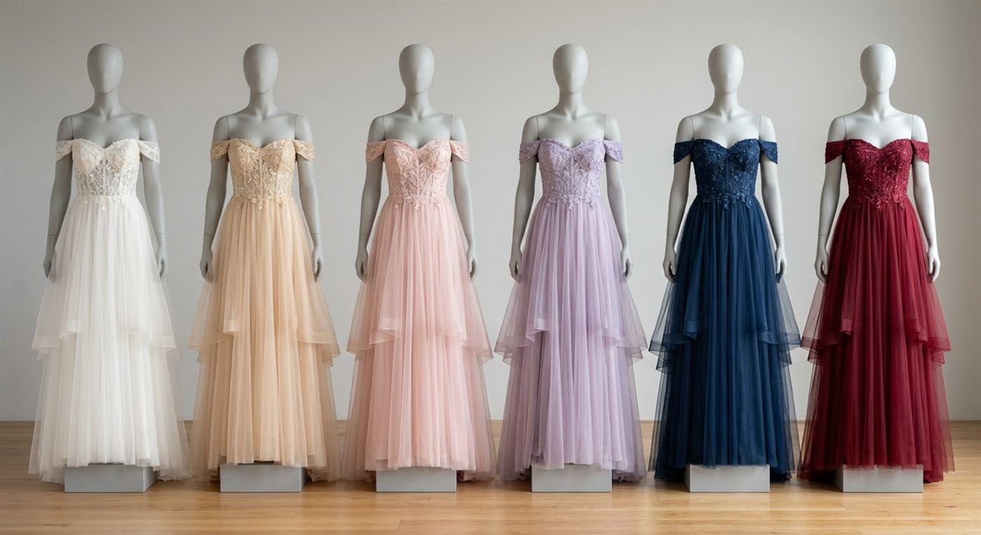 Six tulle party dress colorways